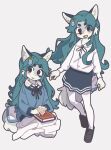 accessory black_eyes book book_on_lap bottomwear canid canine clothed clothing corsac_fox female fox fur green_hair hair hair_accessory hi_res long_hair mammal mischa_(im_m0rd3kai) on_lap shirt sitting skirt smile solo sweater topwear true_fox white_body white_fur yagi_the_goat