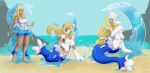  2017 anthro beach big_breasts blonde_hair blue_eyes breasts clothed clothing detailed_background featureless_breasts female hair human human_to_anthro long_hair mammal navel nintendo open_mouth pants pok&eacute;mon pok&eacute;mon_(species) primarina seaside sequence solo standing surprise torn_clothing transformation video_games water witchofavalon 