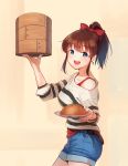  :d bamboo_steamer blue_eyes bow brown_hair cowboy_shot dim_sum hair_bow idolmaster idolmaster_million_live! kamille_(vcx68) long_hair open_mouth ponytail satake_minako shirt shorts smile solo striped striped_shirt 