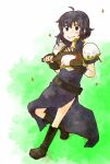  1girl ahoge armor belt bird black_hair blush boots breastplate chicken dress fire_emblem fire_emblem:_genealogy_of_the_holy_war hagoita larcei_(fire_emblem) looking_at_viewer mityo paddle short_hair shoulder_armor side_slit sidelocks simple_background smile solo sparkle star_(symbol) 
