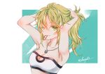  ;) armpits bad_id bad_pixiv_id bandeau bangs bare_arms bare_shoulders blonde_hair braid breasts bunching_hair cleavage closed_mouth collarbone eyebrows_visible_through_hair fate/apocrypha fate_(series) green_eyes hair_between_eyes hair_tie hair_tie_in_mouth jewelry medium_breasts mordred_(fate) mordred_(fate)_(all) mouth_hold one_eye_closed pendant sheepd smile solo twitter_username tying_hair white_bandeau 