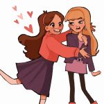  2girls blonde_hair blue_eyes blunt_bangs braces brown_eyes brown_hair dress earrings gravity_falls hairband highres hoop_earrings jewelry long_hair long_sleeves mabel_pines makeup meg_ikarp multiple_girls open_mouth pacifica_northwest shirt skirt smile sweater 
