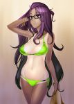  absurdres bangle bikini black-framed_eyewear bracelet breasts cleavage commentary_request dark_skin forehead glasses green_bikini hair_flip hand_in_hair hayami_yuujirou highres holding holding_towel jewelry kagamihara_sakura large_breasts long_hair navel purple_eyes purple_hair side-tie_bikini solo strap_gap swimsuit tan tanline towel underboob very_long_hair yurucamp 