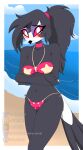 2025 4_fingers absurd_res anthro artist_name avian beach bikini bird blue_sky bluesky_(social_media) bluesky_logo blush border breasts claws cleavage clothed clothing day demon detailed_background deviantart deviantart_logo digital_drawing_(artwork) digital_media_(artwork) eyelashes eyeshadow feathers female finger_claws fingers grey_body grey_feathers grey_hair hair helluva_boss hi_res looking_at_viewer makeup navel newgrounds newgrounds_logo octavia_(helluva_boss) outside owl owl_demon pink_bikini pink_clothing pink_sclera pink_swimwear pixiv pixiv_logo ponytail purple_eyeshadow sea seaside side-tie_bikini skimpy_bikini sky solo string_bikini swimwear taiketchem tail tail_feathers text twitter twitter_logo two-piece_swimsuit url water watermark white_border white_eyes