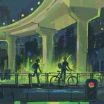  2boys bicycle black_hair black_jacket black_pants blonde_hair bridge city glasses haikyuu!! highres jacket male_focus multiple_boys pants running sberrymacchiato short_hair spiked_hair standing tsukishima_kei yamaguchi_tadashi 