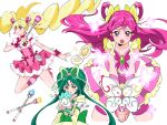  3girls akimoto_komachi back_bow blonde_hair boots bow brooch bug butterfly butterfly_hair_ornament choker corset cure_dream cure_mint cure_peach detached_sleeves dress earrings floating_hair fresh_precure! frills green_dress green_eyes green_hair hair_ornament hair_rings heart heart_earrings heart_hair_ornament highres holding holding_wand in-franchise_crossover jewelry layered_skirt long_hair magical_girl miniskirt momozono_love multiple_girls pink_boots pink_corset pink_eyes pink_hair pink_skirt pleated_skirt pouch precure puffy_short_sleeves puffy_sleeves shirako_love shirt short_sleeves shorts shorts_under_skirt simple_background skirt sleeveless twintails two_side_up very_long_hair wand white_background white_shirt white_skirt wrist_cuffs yellow_skirt yumehara_nozomi 