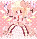  apple bangs blonde_hair blush bow child crystal dress flandre_scarlet floral_print food frilled_cuffs frilled_dress frills fruit girly hands_up hat hat_bow highres holding holding_food holding_fruit lace_border lolita_fashion looking_at_viewer mob_cap pink_background pink_bow polka_dot polka_dot_background print_bow print_dress red_eyes side_ponytail smile solo touhou wings wrist_cuffs yellow_hat zatsuni 