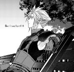  1boy armor armored_gloves armpits belt bench buster_sword cloud_strife earrings final_fantasy final_fantasy_vii final_fantasy_vii_remake greyscale jewelry male_focus monochrome multiple_belts pauldrons screentones short_hair shoulder_armor single_earring single_pauldron sleeveless sleeveless_turtleneck solo spiked_hair suspenders tree turtleneck twitter_username yunyunonigiri 