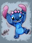  2011 3:4 4_fingers 4_toes alien black_eyes blue_fur blue_nose blue_pawpads chest_tuft claws dancing digital_drawing_(artwork) digital_media_(artwork) disney experiment_(species) fur grey_background hair_roller lilo_and_stitch looking_at_viewer nekator no_sclera notched_ear open_mouth open_smile pawpads raised_arm raised_leg silly silver_claws simple_background smile solo stitch toes tuft 