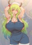  10s 1girl armpits arms_behind_head arms_up artist_request bare_shoulders baseball_cap blonde_hair blush breasts cleavage collarbone curvy dragon_girl dragon_horns eyebrows_visible_through_hair eyes_closed gradient_hair green_eyes green_hair hat horns huge_breasts kobayashi-san_chi_no_maidragon long_hair looking_at_viewer multicolored_hair no_bra open_mouth overalls quetzalcoatl_(maidragon) shiny shiny_skin sideboob smile solo standing suspenders sweat tank_top wide_hips wristband 