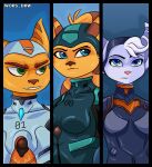 absurd_res angela_cross anthro blue_eyes breasts clothing eyebrows eyelashes female fur green_eyes group headgear headwear hi_res latex latex_clothing latex_skinsuit lombax male mammal neon_genesis_evangelion plugsuit ratchet_(ratchet_and_clank) ratchet_and_clank rivet_(ratchet_and_clank) skinsuit smile sony_corporation sony_interactive_entertainment stripes tight_clothing trio white_body white_fur wors_drw yellow_body yellow_fur
