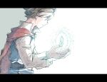  1boy bartz_klauser belt black_belt black_border blue_tunic border brown_hair cloak collared_shirt crystal final_fantasy final_fantasy_v hair_between_eyes letterboxed male_focus michibata_65 parted_lips profile red_cloak shirt short_hair solo tunic upper_body white_shirt 