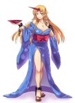  artifedex artist_name bare_legs bare_shoulders blonde_hair blue_kimono breasts cleavage cuffs cup full_body half-closed_eyes holding horn hoshiguma_yuugi japanese_clothes kimono large_breasts long_hair looking_to_the_side obi orange_eyes parted_lips sakazuki sandals sash shackles side_slit smile solo touhou unmoving_pattern very_long_hair white_background 
