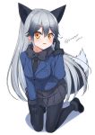  2017 animal_ears black_gloves black_neckwear black_skirt blue_jacket breasts dated extra_ears fox_ears fox_tail fur-trimmed_sleeves fur_trim gloves highres jacket kemono_friends large_breasts long_hair looking_at_viewer multicolored_hair open_mouth pantyhose silver_fox_(kemono_friends) simple_background sitting skirt solo tail takanashi_sora_(soramyon) twitter_username white_background yellow_eyes 