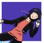  1girl absurdres audio_jack black_eyes blunt_bangs boku_no_hero_academia breasts earplugs fingerless_gloves gloves highres jacket jiro_kyoka long_earlobes open_mouth purple_background purple_hair red_shirt shirt short_hair smile solo user_pxfs7722 white_gloves 