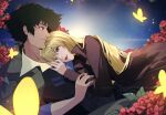  1boy 1girl arm_around_waist black_hair black_jacket blonde_hair blue_eyes bug butterfly collared_shirt commission couple cowboy_bebop cuddling flower hair_between_eyes hand_on_another&#039;s_chest hetero highres jacket julia_(cowboy_bebop) long_hair reclining red_flower red_lips saiivia shirt short_hair smile spike_spiegel white_shirt yellow_butterfly 