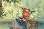  1girl alcohol alcohol_carton arm_on_knee ascot blunt_bangs bow buttons chain commentary_request cup dappled_sunlight frilled_wrist_cuffs frills full_body highres horns ibuki_suika leg_up oni orange_hair outdoors painterly purple_skirt red_ascot red_bow sakazuki sake satellitedragon scenery shirt sitting skirt sleeveless solo sunlight touhou white_shirt wrist_cuffs 