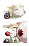 2others armor blood colored_skin dark_matter_(kirby) dark_matter_blade highres kirby&#039;s_dream_land_2 kirby&#039;s_dream_land_3 kirby_(series) motion_blur multiple_others no_humans one-eyed pauldrons shiburingaru shoulder_armor sneezing white_skin x_x zero_(kirby) 