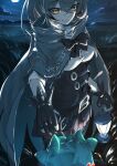  2girls absurdres belt brown_eyes brown_hair cape capelet cloak corset field fist_bump gloves grass hakos_baelz hakos_baelz_(1st_costume) highres holding holding_lantern hololive hololive_english hood hooded_cloak lantern looking_at_viewer moon multicolored_sleeves multiple_girls nanashi_mumei nanashi_mumei_(1st_costume) night out_of_frame partially_fingerless_gloves pleated_skirt pov red_skirt ribbon shirt skirt sky smile star_(sky) starry_sky thenami virtual_youtuber white_shirt 