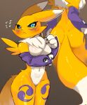 3_fingers anthro bandai_namco black_sclera blue_eyes blush bodily_fluids breasts butt canid canine claws countershading digimon digimon_(species) dipstick_ears dipstick_tail ear_markings female finger_claws fingers flying_sweatdrops fur hi_res lao_cia mammal markings mostly_nude multicolored_ears neck_tuft pupils renamon sweat sweatdrop tail tail_markings tuft white_body white_breasts white_countershading white_ears white_fingers white_fur white_hands white_tail wide_hips