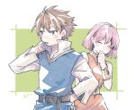  1boy 1girl bare_shoulders bartz_klauser belt blue_tunic blush bob_cut border bracer breasts brown_belt brown_hair closed_eyes closed_mouth collared_shirt dress final_fantasy final_fantasy_v giggling green_background hand_on_own_hip hand_to_own_mouth lenna_charlotte_tycoon medium_breasts michibata_65 orange_dress parted_lips pink_hair rubbing_neck shirt short_hair smile tunic upper_body white_border white_shirt 