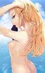  absurdres adjusting_hair arms_up ass assam blonde_hair blue_eyes breasts cloud cowboy_shot day earrings enty_reward fingernails from_behind girls_und_panzer highres hip_bones jewelry long_hair looking_at_viewer looking_back mouth_hold nape nipples noripachi nude paid_reward profile shiny shiny_skin sky small_breasts solo 