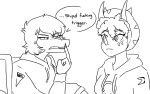2024 3_horns anthro baryonyx cavemanon_studios ceratopsian claws clothing dialogue dinosaur disability duo english_text eyelashes facial_horn fantasy_slur female finger_claws freckled_face freckles frill_(anatomy) gesture goodbye_volcano_high hair hand_gesture hoodie horn i_wani_hug_that_gator jacket_ignites middle_finger monochrome multi_horn nose_horn olivia_halford open_mouth ornithischian paraplegic prehistoric_species profanity reptile scalie short_hair snoot_game snout spinosaurid text theropod topwear triceratops trish_(gvh) vehicle wheelchair