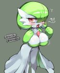 big_breasts blush breast_squish breasts female gardevoir generation_3_pokemon green_arms green_fingers green_hair green_hands hair hi_res humanoid japanese_text lao_cia nintendo not_furry open_mouth pokemon pokemon_(species) solo squish teeth text tongue white_body white_breasts white_legs white_skin