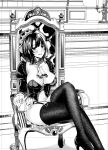  1girl ascot asyuri breasts cleavage crossed_legs crown dress feet_out_of_frame garter_straps greyscale highres kantai_collection large_breasts miniskirt monochrome pleated_dress short_hair sitting skirt solo takao_(kancolle) thighhighs throne 