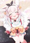  1girl :3 ^_^ absurdres arms_at_sides bare_legs bare_shoulders bell blurry blush bow closed_eyes commission depth_of_field facing_viewer flat_chest from_above hair_bell hair_ornament happy highres indie_virtual_youtuber jingle_bell knees_together_feet_apart komainu_(vtuber) off-shoulder_shirt off_shoulder open_mouth ribbon_trim second-party_source sen_(sen42724788) shirt single_floppy_ear sitting white_hair white_shirt x_hair_ornament 