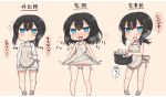 :d apron bangs bare_arms bare_legs bare_shoulders barefoot black_hair blue_eyes blush breasts brown_apron brown_background brown_dress brown_footwear chibi commentary dress drooling eyebrows_visible_through_hair flying_sweatdrops food groin hair_between_eyes head_tilt heart heavy_breathing holding looking_at_viewer multiple_views nearly_naked_apron nonono_(mino) nose_blush open_mouth original panties parted_lips pigeon-toed pot ringed_eyes saliva short_hair side-tie_panties simple_background skirt_hold slave-chan_(mino) sleeveless sleeveless_dress slippers small_breasts smile sparkle stitches string_panties sweat sweater tears translated trembling underwear white_panties white_sweater 