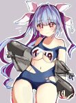  1girl ass_visible_through_thighs blue_hair blush breasts flower-shaped_pupils gradient_background grey_background hair_ornament hair_ribbon highres holding holding_torpedo i-19_(kancolle) kantai_collection large_breasts long_hair looking_at_viewer navel one-piece_swimsuit r_you_yabai red_eyes ribbon school_swimsuit solo swimsuit symbol-shaped_pupils torn_clothes torn_swimsuit torpedo twintails 