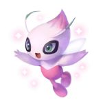  alternate_color celebi flying full_body gen_2_pokemon green_eyes legendary_pokemon looking_away no_humans open_mouth outstretched_arms pink_skin pokemon pokemon_(creature) shiny_pokemon simple_background smile solo sparkle white_background wings yukimich 
