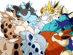 anthro arcanine belly belly_squish breasts eeveelution female flareon frill_(anatomy) generation_1_pokemon genitals group jolteon male male/female medallion neck_tuft nelsonnoir nidorina nintendo nipples penis pokemon pokemon_(species) pregnant squish tail tuft vaporeon