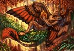  5_fingers anthro brown_fur day detailed_background digital_media_(artwork) digitigrade feathered_wings feathers female flashw fort fur hybrid outside smile solo wings 