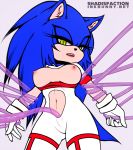  blue_fur breasts claws clothing collar ear_tuft fangs female female_bulge fur gloves green_eyes hair hedgehog lipstick long_hair looking_at_viewer makeup mammal nipples open_maw rubber shadisfaction sonic_(series) sonic_the_hedgehog spandex teeth tentacles thick_thighs tight_clothing tongue tuft wide_hips 