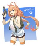  ahoge animal_ear_fluff animal_ears backpack bag bangs bare_arms bare_shoulders bike_shorts black_choker black_shorts blue_eyes blush camouflage cat_ears choker cropped_legs fang flat_chest gun hair_bobbles hair_ornament hair_tie handgun highres hinata_channel holding holding_gun holding_weapon long_hair looking_afar looking_away low_twintails nekomiya_hinata open_mouth orange_hair pistol playerunknown's_battlegrounds shiny shiny_hair shinyu_xingyu shorts solo striped striped_legwear thighhighs translation_request trigger_discipline twintails two-tone_background very_long_hair virtual_youtuber weapon white_tank_top wrist_cuffs 