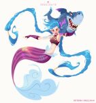 2025 arcane_(tv_series) arm_tattoo blue_eyes braided_hair chest_tattoo dreelrayk duo female feral fish freckles hair hi_res humanoid jinx_(lol) league_of_legends long_hair marine merfolk mermaid_tail mermaidification pigtails riot_games shark simple_background split_form tail_tattoo tattoo tencent twin_braids twintails_(hairstyle) white_background
