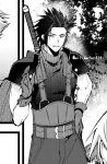  1boy armor belt black_hair final_fantasy final_fantasy_vii hair_slicked_back hand_on_own_hip hand_up male_focus medium_hair multiple_belts parted_lips pauldrons screentones shoulder_armor sleeveless sleeveless_turtleneck smile solo suspenders turtleneck twitter_username upper_body waving weapon weapon_on_back yunyunonigiri zack_fair 
