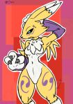 absurd_res anthro bandai_namco belly blue_eyes claws demon3sigma digimon digimon_(species) female fur hi_res renamon solo thick_thighs thinking white_belly worried yellow_body yellow_fur