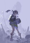  1girl absurdres black_hair black_jacket boots commentary_request enomoto_takane floating_hair full_body grey_background highres jacket kagerou_project long_hair long_sleeves mo011010 outdoors profile rubble solo standing twintails 