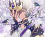 bird blue_eyes dangmill fate/grand_order fate_(series) fingerless_gloves gao_changgong_(fate) gloves male_focus mask mask_removed petals short_hair silver_hair solo tree 