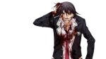  angry bags_under_eyes black_hair black_jacket blood blood_drip blood_from_eyes blood_on_clothes blood_on_face blood_on_hands blood_on_knife chaos;child clenched_teeth collared_shirt crazy crazy_eyes crazy_smile furious game_cg hekiho_academy hekiho_academy_uniform highres holding holding_knife holding_own_hair itou_shinji_(chaos;child) jacket knife lapels messy_hair necktie nosebleed notched_lapels official_art open_collar red_eyes red_necktie sasaki_mutsumi school_emblem shirt short_hair smile teeth transparent_background v-shaped_eyebrows white_shirt 
