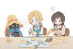  ! 1boy 2boys aqua_eyes aqua_vest black_choker black_hair blonde_hair blue_coat bodysuit brown_eyes brushing_tail cat_tail chibi choker coat final_fantasy final_fantasy_ix garnet_til_alexandros_xvii hair_brush hat hoban_rkgk holding holding_hair_brush long_hair low_ponytail multiple_boys orange_bodysuit parted_bangs ponytail sitting sparkle spoken_exclamation_mark tail vivi_ornitier white_background wizard_hat yellow_eyes zidane_tribal 
