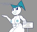  big_breasts breasts dialogue female freepancakes jenny_wakeman machine male male/female my_life_as_a_teenage_robot navel nipples not_furry penis precum robot sex sign simple_background smile text thick_thighs thigh_sex 