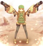  bangs black_legwear blonde_hair blunt_bangs boots commentary_request desert dual_wielding eyebrows_visible_through_hair fukaziroh_(sao) full_body gloves grenade_launcher gun helmet highres holding holding_gun holding_weapon holster jacket knife knife_in_hair long_sleeves looking_at_viewer mgl mgl-140 military military_uniform pantyhose red_eyes rightony_&amp;_leftania sakaokasan short_hair shorts sidelocks smile solo standing sword_art_online sword_art_online_alternative:_gun_gale_online thigh_holster uniform weapon 