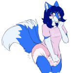 3_tails anthro big_diaper blue_body blue_fur blue_hair blush canid canine clean_diaper clothed clothing diaper embarrassed facial_piercing female fox fur grey_eyes hair juneberrysprout mammal multi_tail nose_piercing nose_ring piercing ring_piercing shirt shy simple_background solo tail topwear wearing_diaper white_background