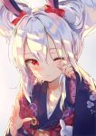  animal_ears arm_up azur_lane bangs blush bow brown_background bunny_ears collarbone commentary_request daitai_sotogawa_(futomomo) double_bun eyebrows_visible_through_hair fingernails floral_print hair_between_eyes hair_bow hand_up head_tilt highres japanese_clothes kimono laffey_(azur_lane) long_hair long_sleeves looking_at_viewer obi one_eye_closed print_kimono purple_kimono red_bow red_eyes sash sidelocks silver_hair simple_background sleeves_past_wrists solo tears wide_sleeves wiping_tears 