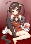  ahoge anchor_hair_ornament ass azur_lane bangs baozi bare_shoulders barefoot black_legwear black_panties blush breasts brown_hair china_dress chinese_clothes closed_mouth commentary_request dress eyebrows_visible_through_hair food fur-trimmed_jacket fur_trim hair_ornament hairband hairpods head_tilt jacket long_hair long_sleeves medium_breasts muu_rian no_shoes off_shoulder panties partially_visible_vulva ping_hai_(azur_lane) red_dress red_eyes sidelocks single_thighhigh sitting sleeveless sleeveless_dress sleeves_past_wrists sleeves_pushed_up solo steam thighhighs thighhighs_removed toenails twintails underwear white_hairband white_jacket 