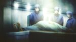  1girl 3boys autopsy bar_counter blanket bloated chaos;child corpse covered_face feet film_grain game_cg glasses green_blanket hat highres hospital mask medical_scrubs morgue mouth_mask multiple_boys nurse nurse_cap official_art operating_table operatory_light sasaki_mutsumi soles surgeon surgical_cap surgical_light surgical_mask table toes watabe_tomoaki 